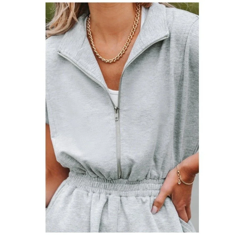 POPVIL Heathered Knit Romper Womens XL NWT Gray Half Zip Short Sleeve Jumpsuit
